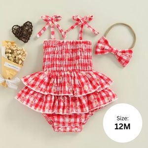 BABY GIRL RED CHECKERED SUNFLWR COTTON DRESS  MATCHING HEADBAND BOW - 12 MONTHS